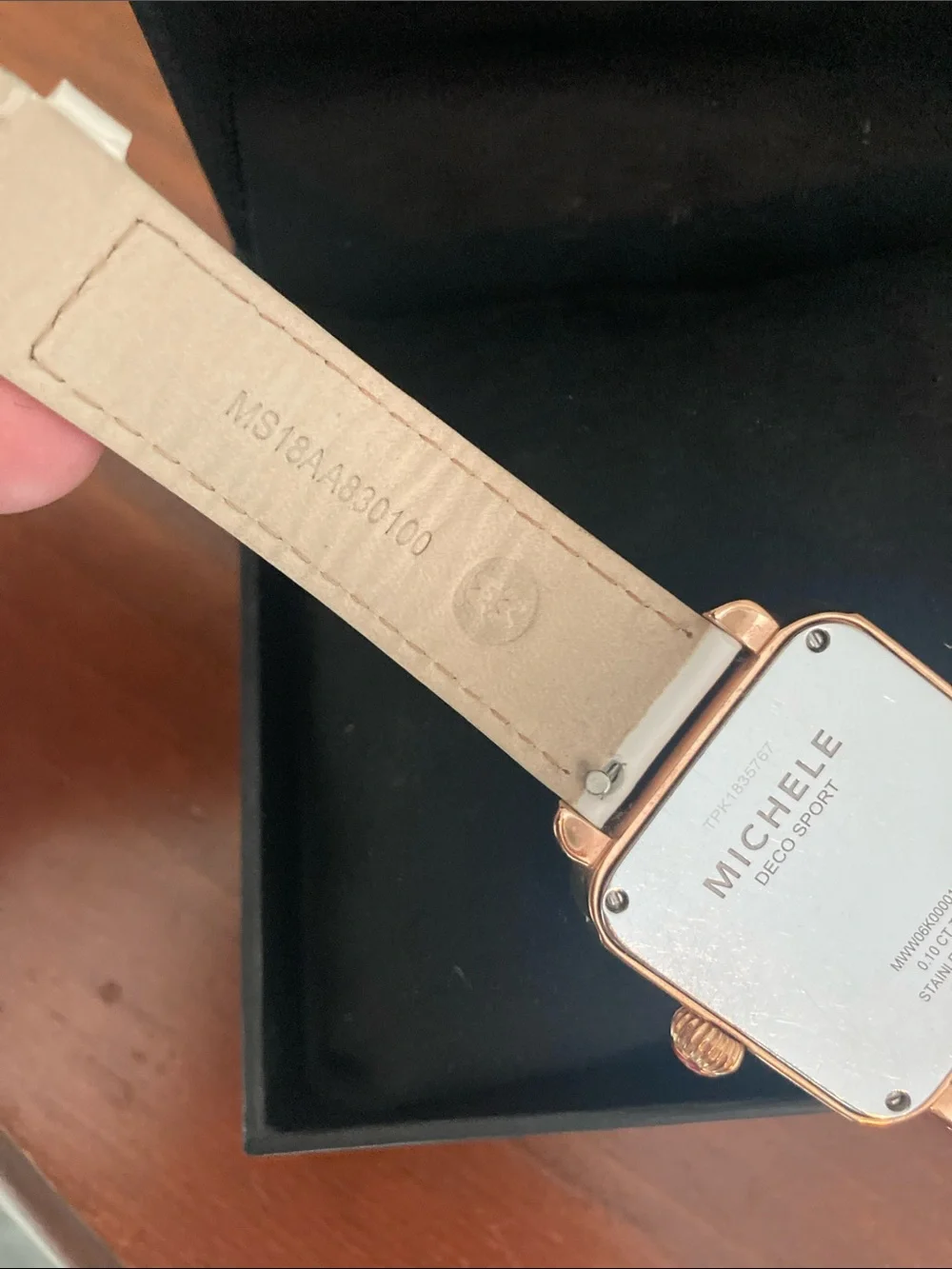 Michele Rose Gold Square Watch with White Strap and Pink Accents